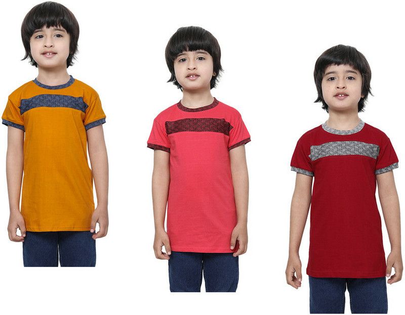 Boys Self Design Pure Cotton T Shirt  (Multicolor, Pack of 3)
