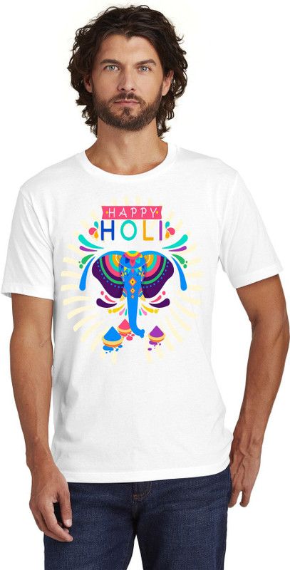 Broyz Holi Men Round Neck White T-Shirt Men Printed Round Neck Polyester White T-Shirt