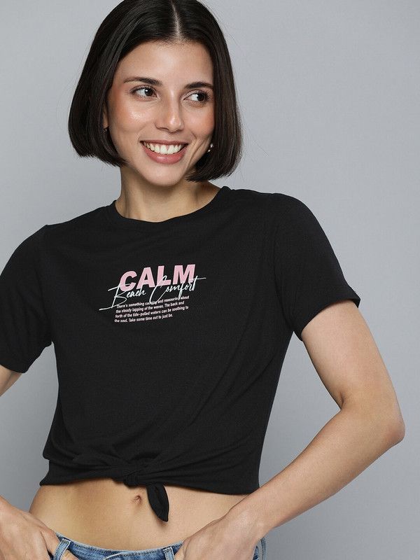 Women Typography Round Neck Polyester Black T-Shirt