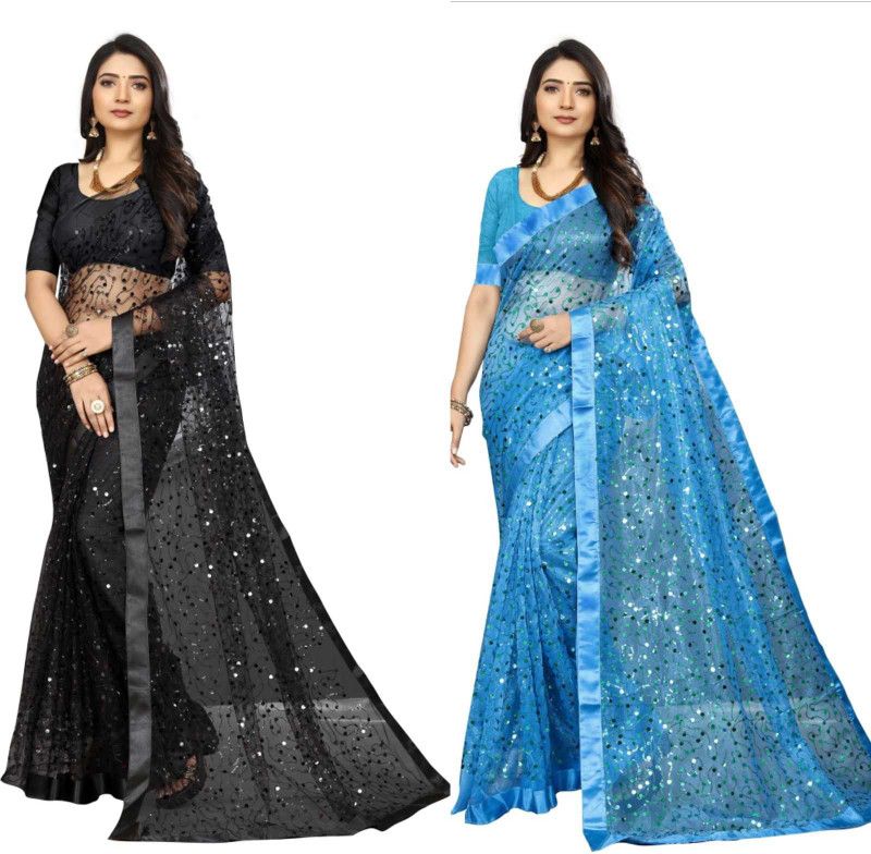 Embroidered Fashion Net Saree  (Pack of 2, Black, Blue)