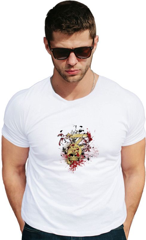 skull 7 Men Printed Round Neck Cotton Blend White T-Shirt