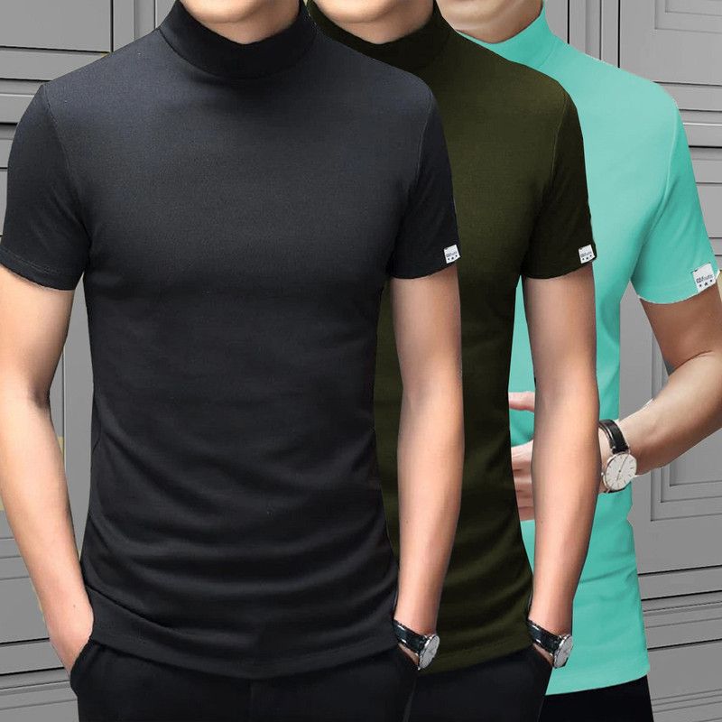 Pack of 3 Men Solid High Neck Polyester Light Blue, Dark Green, Black T-Shirt