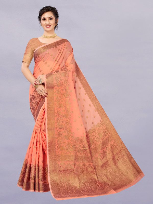Woven Banarasi Cotton Blend, Jacquard Saree  (Orange)