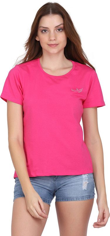 GRL107 Women Solid Round Neck Cotton Blend Pink T-Shirt