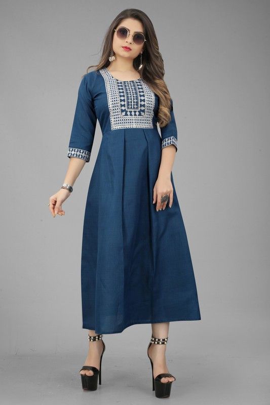 Women Embroidered Cotton Blend Anarkali Kurta  (Dark Green)