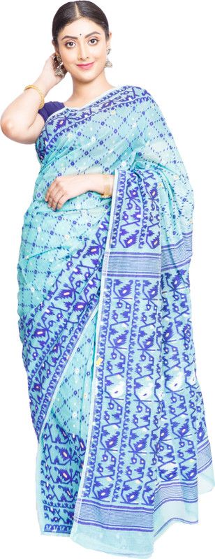 Printed Jamdani Pure Cotton Saree  (Blue)