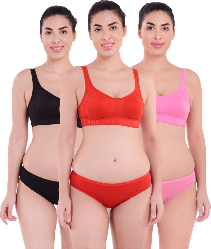 Bra & Panty Set Solid Red, Black, Pink Lingerie Set