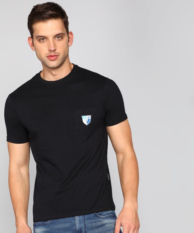 Men Solid Crew Neck Cotton Blend Black T-Shirt