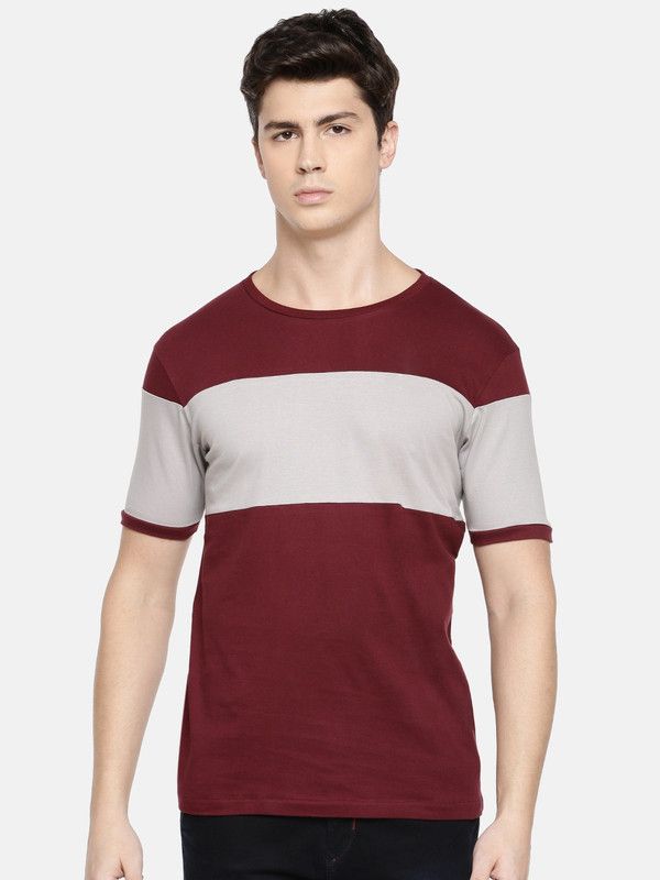 Mens Round Neck T-Shirts Men Colorblock Round Neck Cotton Blend Maroon, Grey T-Shirt