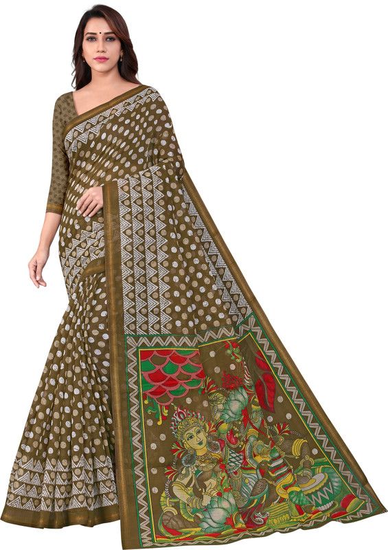 Polka Print Daily Wear Cotton Blend Saree  (Green)