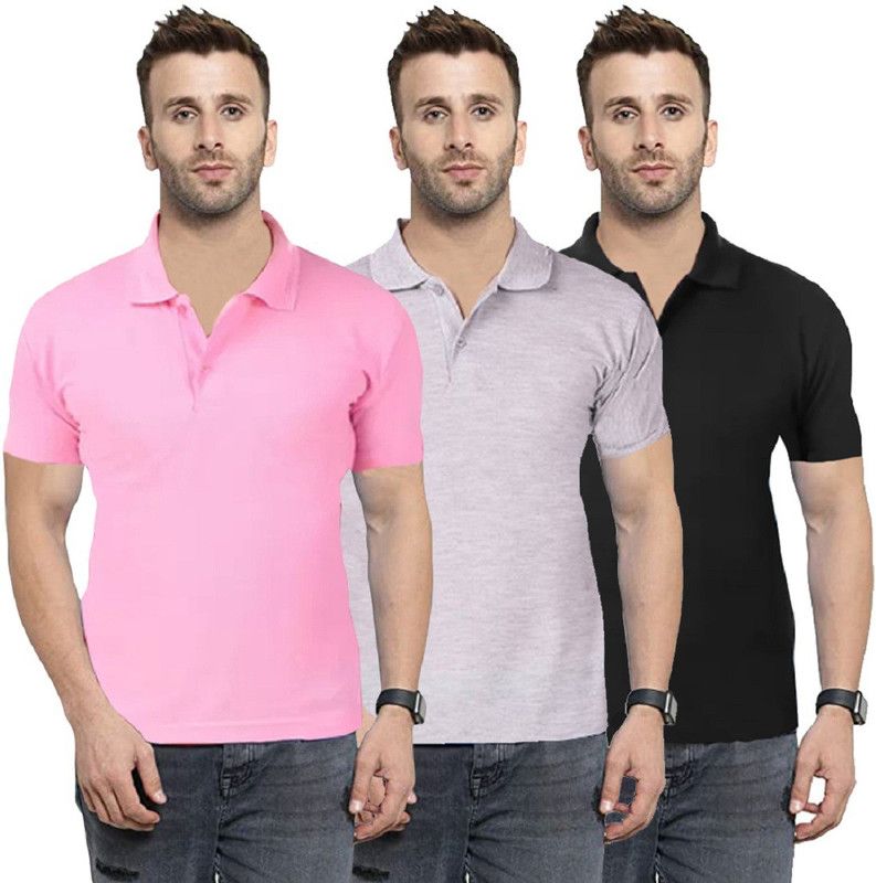 Pack of 3 Men Solid Polo Neck Cotton Blend Pink, Black, Grey T-Shirt