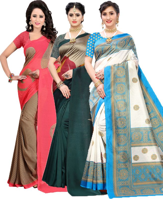 Printed Bollywood Georgette Saree  (Pack of 3, Red, Dark Green, Light Blue)