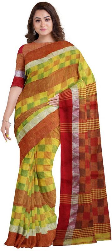 Hand Painted Ikkat Cotton Blend Saree  (Yellow)