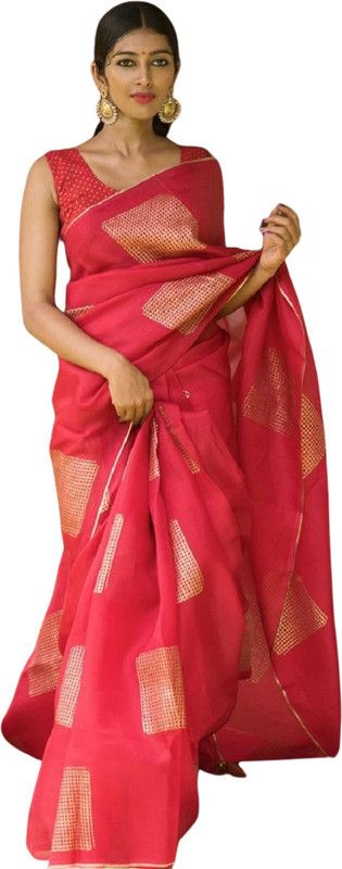 Checkered Banarasi Art Silk Saree  (Pink)