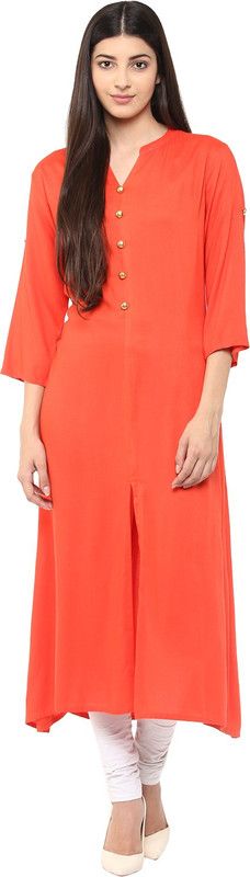 Women Solid Viscose Rayon Frontslit Kurta  (Orange)