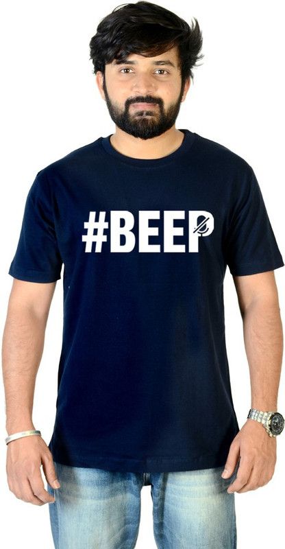Beep Mute Men Printed Round Neck Pure Cotton Dark Blue T-Shirt