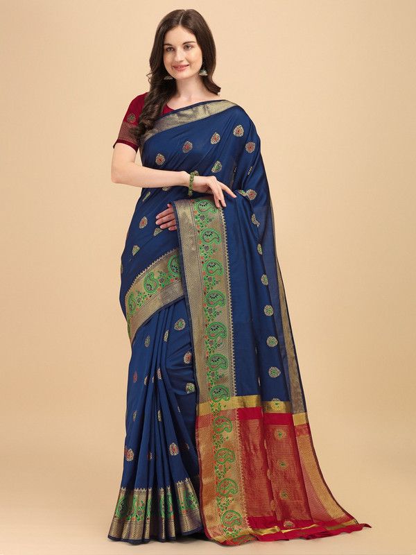Self Design, Woven Banarasi Silk Blend, Cotton Blend Saree  (Dark Blue, Red)