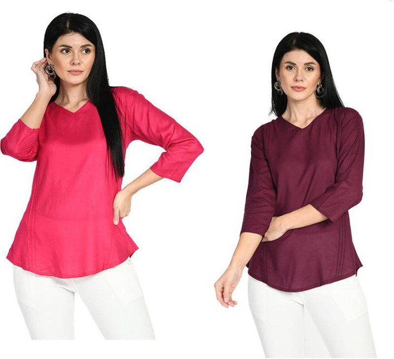 Pack of 2 Casual Regular Sleeves Solid Women Red, Maroon Top