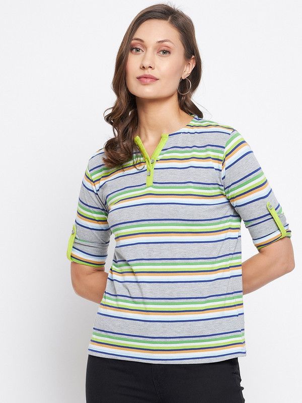 Women Striped Henley Neck Cotton Blend Grey T-Shirt