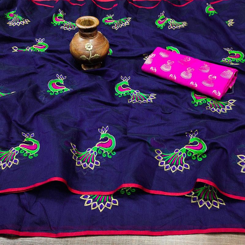 Embroidered Fashion Chanderi Saree  (Blue)