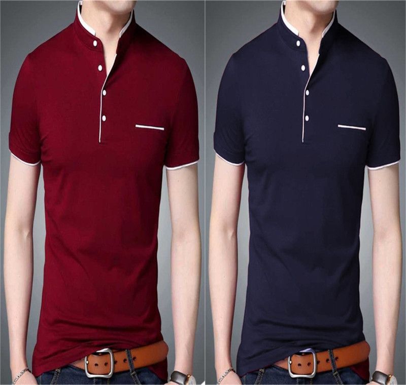 Men Solid Mandarin Collar Cotton Blend Blue, Maroon T-Shirt