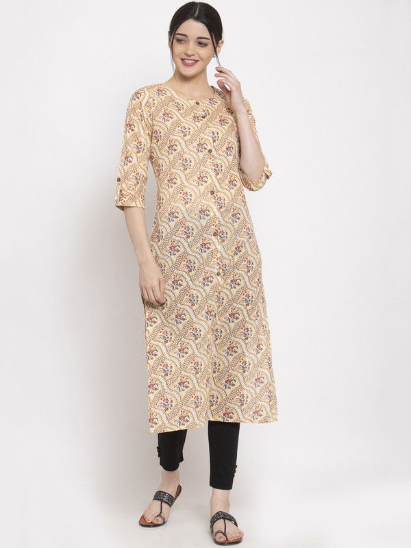 Women Printed, Floral Print Cotton Blend Straight Kurta  (Beige)