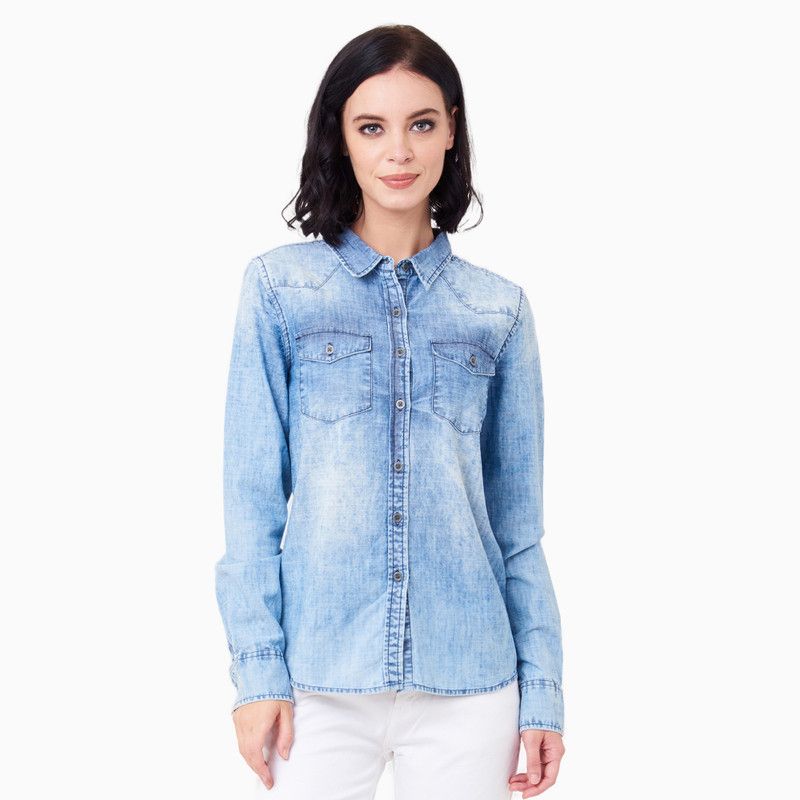 Casual Regular Sleeves Washed, Solid Women Blue Top
