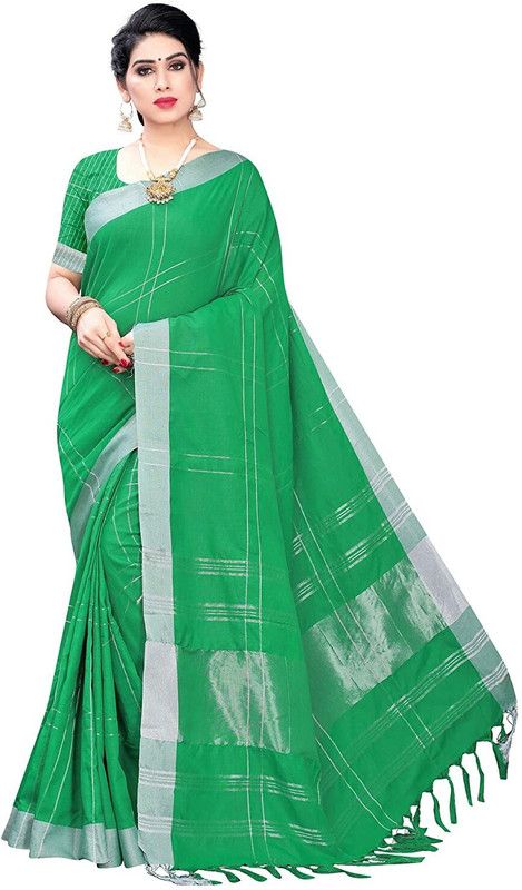 Striped Chettinadu Cotton Blend, Pure Cotton Saree  (Green)