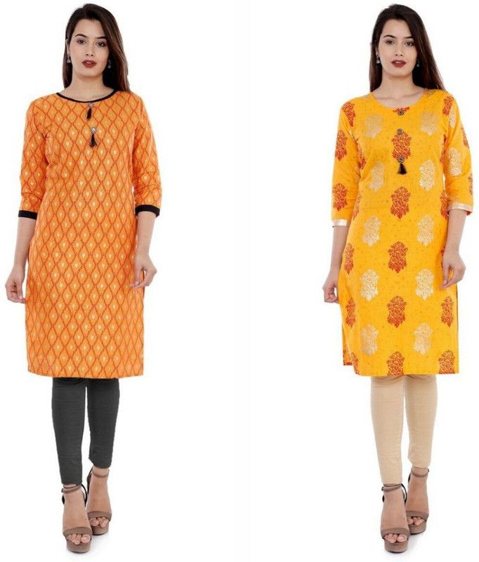 Pack of 2 Women Printed Cotton Blend Straight Kurta  (Red, Gold, Yellow)