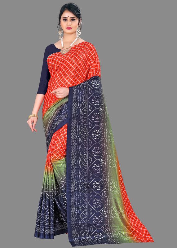 Checkered Bandhej Silk Blend Saree  (Multicolor)