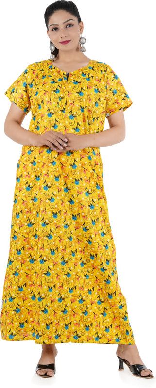 Floral Print Pure Cotton Stitched Straight Gown  (Yellow)