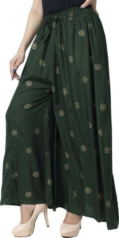 Women Flared, Regular Fit, Relaxed Dark Green Viscose Rayon Trousers