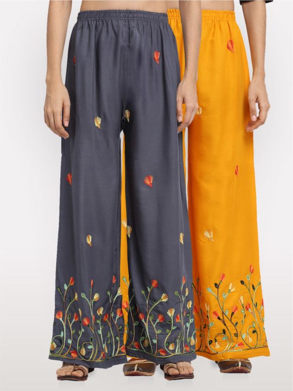 Pack of 2 Women Regular Fit Yellow, Grey Cotton Blend Trousers