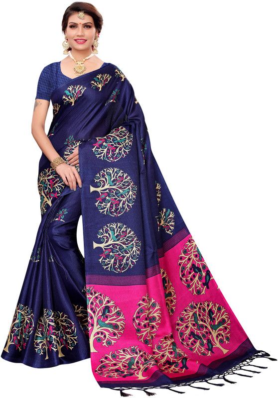 Printed Manipuri Pure Silk Saree  (Dark Blue, Pink)