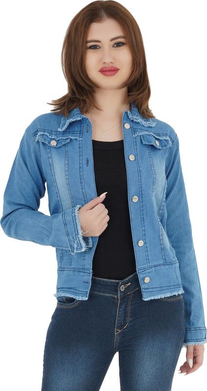 Denim Jacket for ladies/women (Light Blue) Women Self Design Denim Jacket