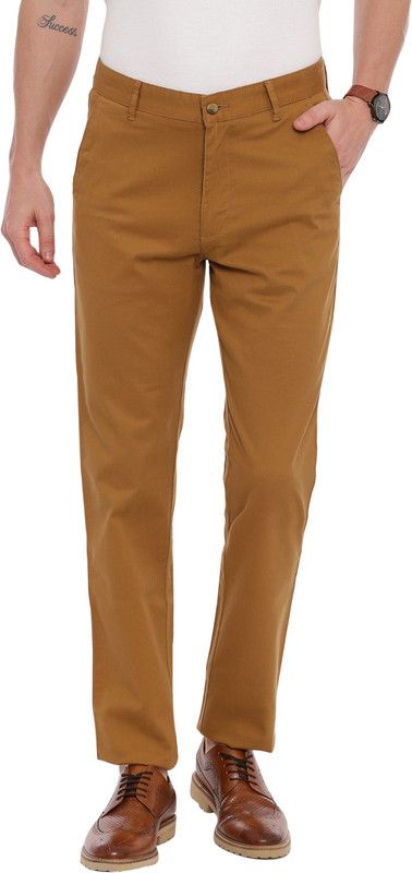 Men Tapered Khaki Pure Cotton Trousers