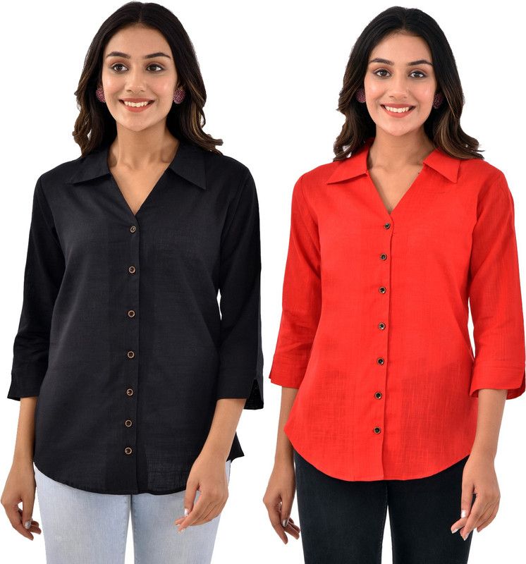 Women Solid Formal Black, Red Shirt  (Pack of 2)