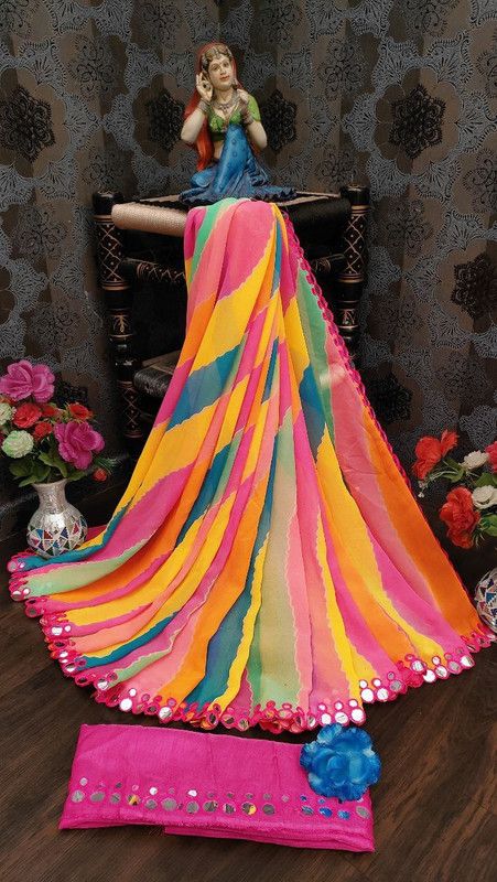 Embellished Leheria Georgette Saree  (Multicolor)