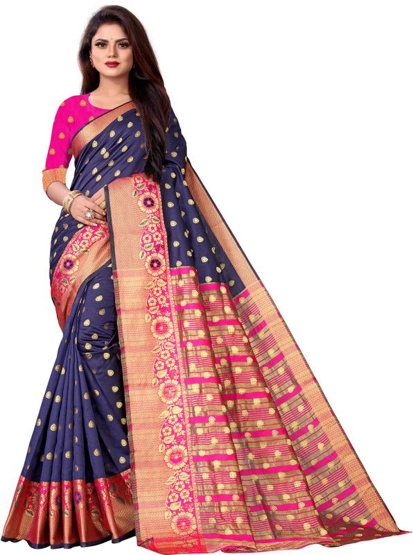 Digital Print, Embroidered, Striped, Woven, Floral Print, Polka Print, Checkered Banarasi Jacquard, Cotton Silk Saree  (Blue)