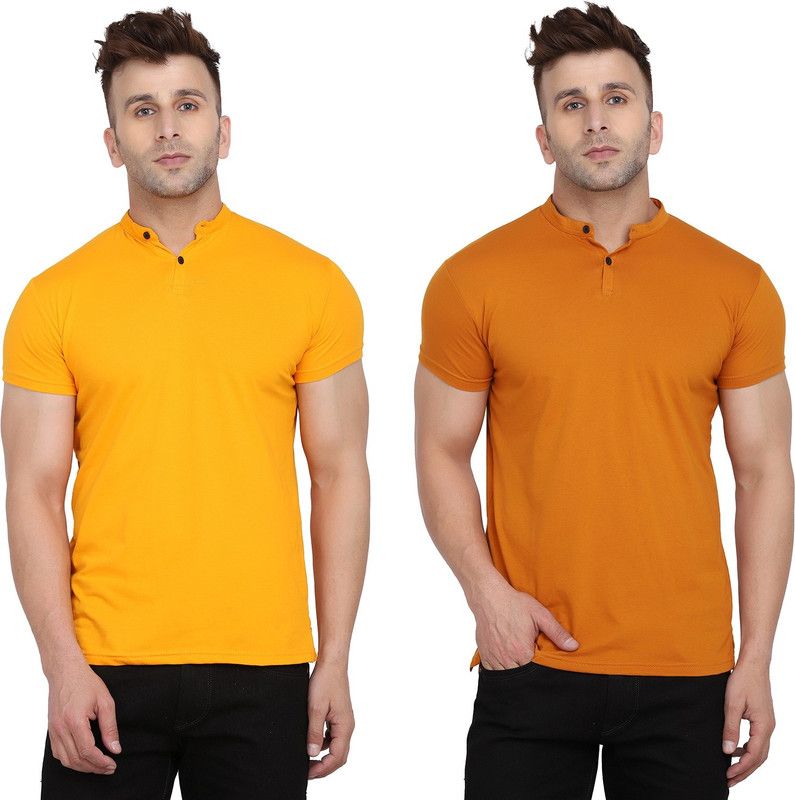Pack of 2 Men Solid Mandarin Collar Cotton Blend Gold, Yellow T-Shirt
