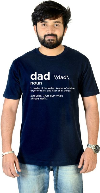 Dad Father Meaning Noun Men Printed Round Neck Pure Cotton Dark Blue T-Shirt