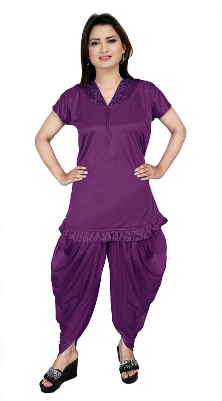 Women Night Suit Set Purple Self Design