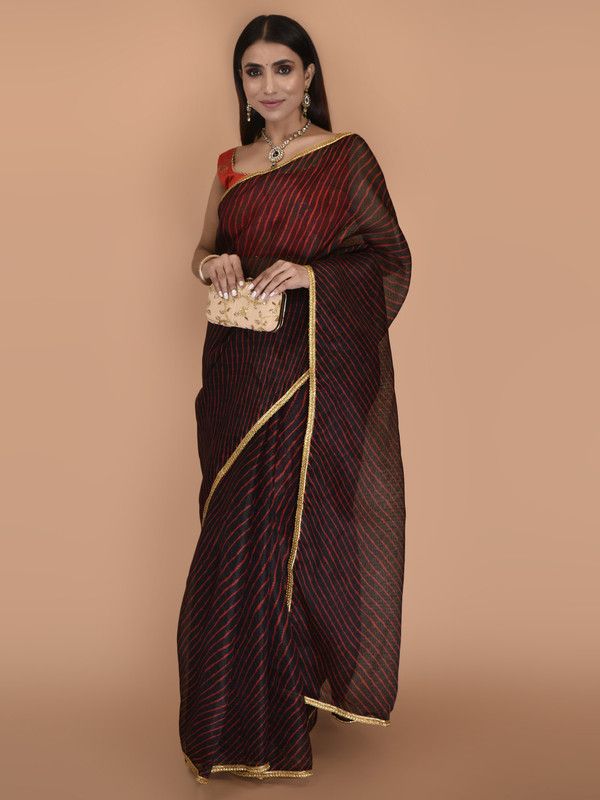 Striped Kota Doria Cotton Blend Saree  (Red, Black)
