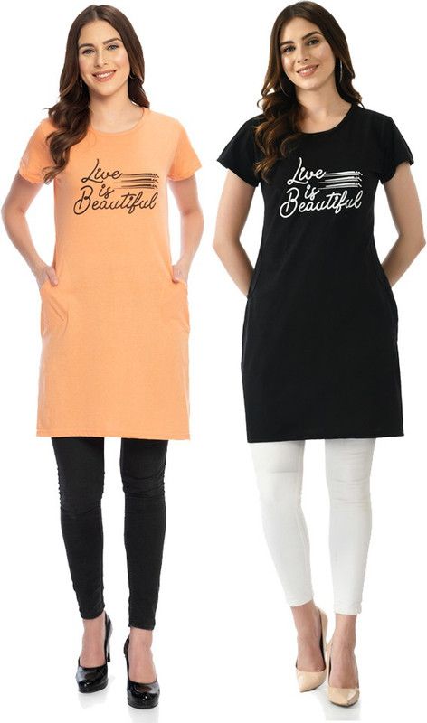 Pack of 2 Women Typography Round Neck Cotton Blend Black, Beige T-Shirt