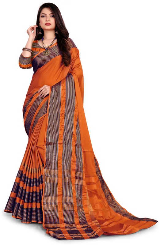 Striped Bollywood Cotton Silk Saree  (Orange)