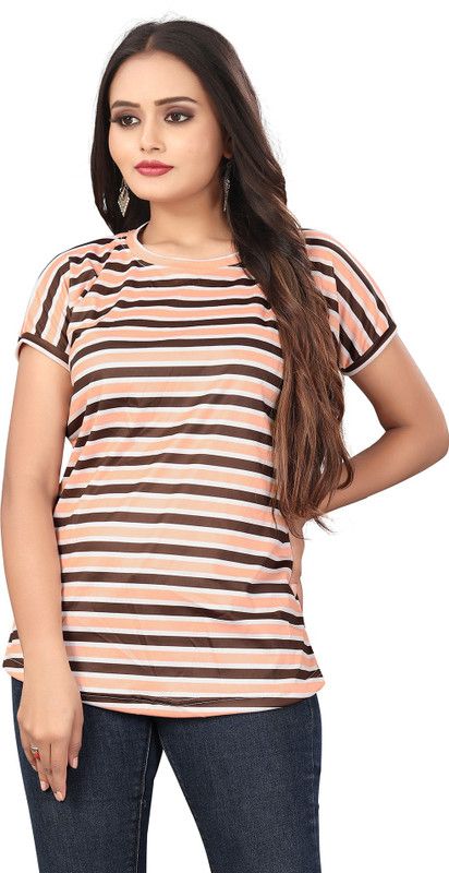 Women Striped Round Neck Polyester Beige T-Shirt