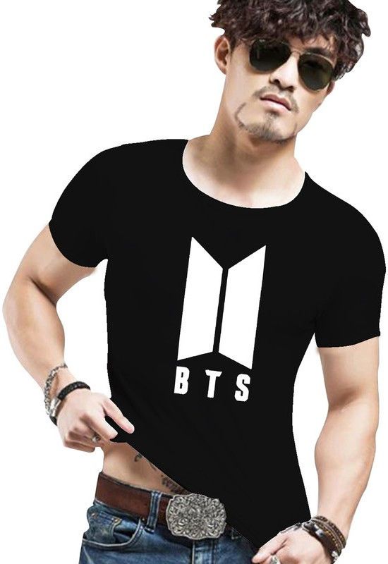 BTS-HF10-B-M Men Printed Round Neck Cotton Blend Black T-Shirt
