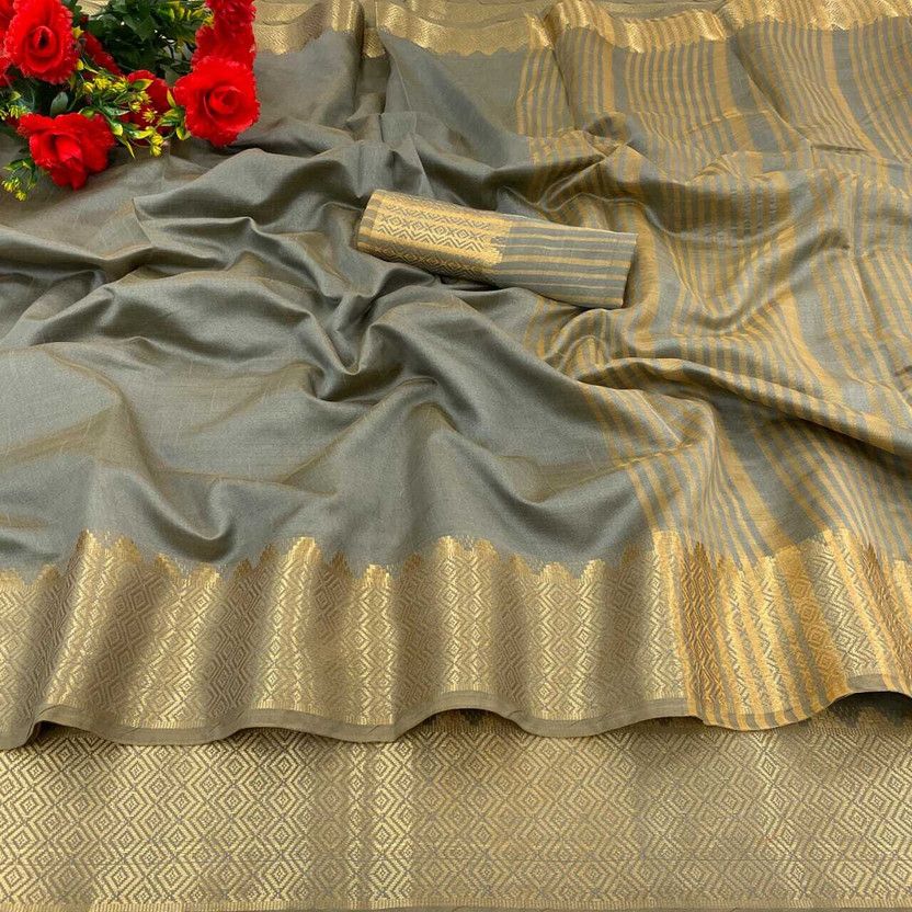 Self Design Kanjivaram Cotton Silk, Pure Cotton Saree  (Grey)