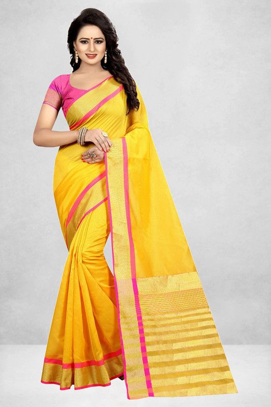 Embellished Daily Wear Cotton Silk Saree  (Gold)