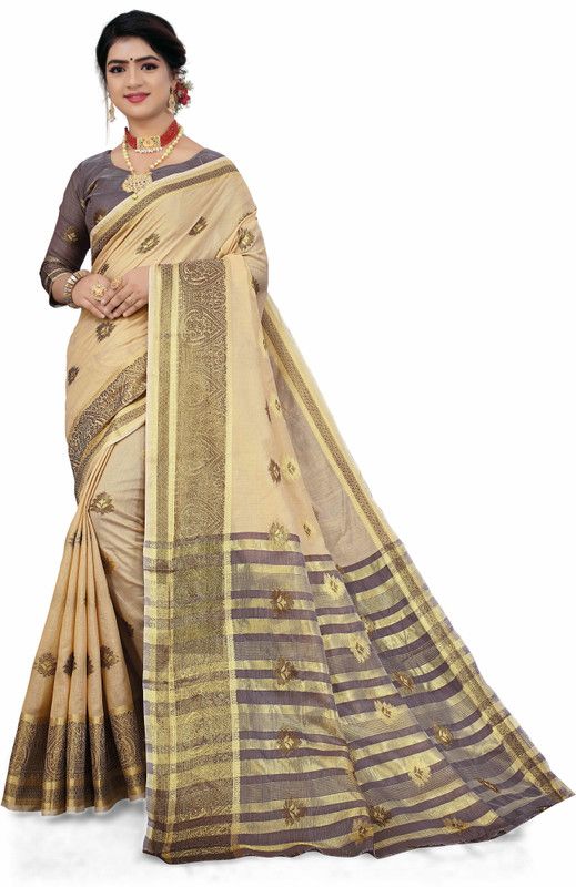 Woven Banarasi Cotton Linen, Cotton Silk Saree  (Cream)